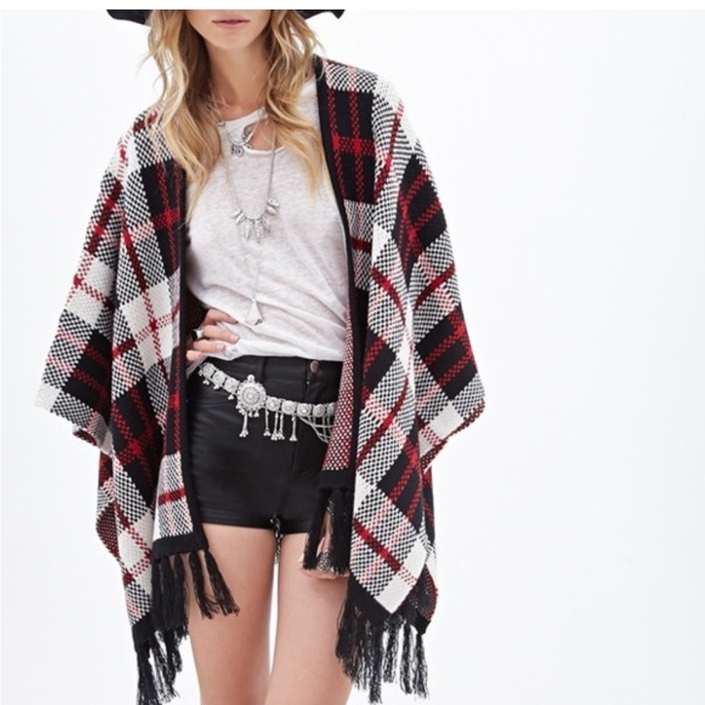 Forever 21 Boho Red White Black Plaid Open Front Poncho Cape with Fringe Hem